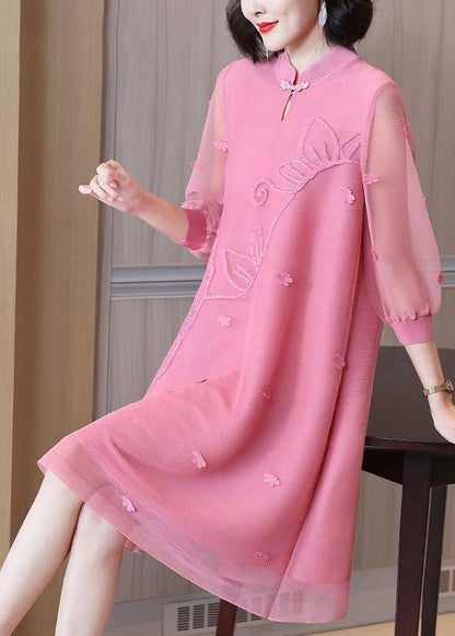 Pink Mandarin Collar Patchwork Maxi Dresses Summer