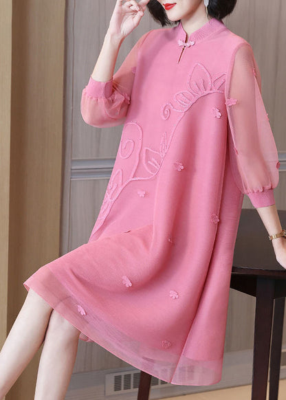 Pink Mandarin Collar Patchwork Maxi Dresses Summer