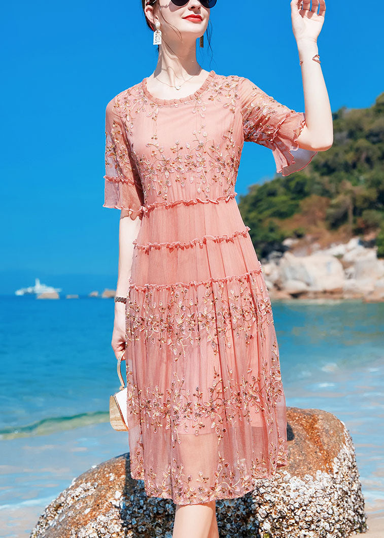 Pink O-neck Ruffled Print Silk Maxi Dresses Short Sleeve