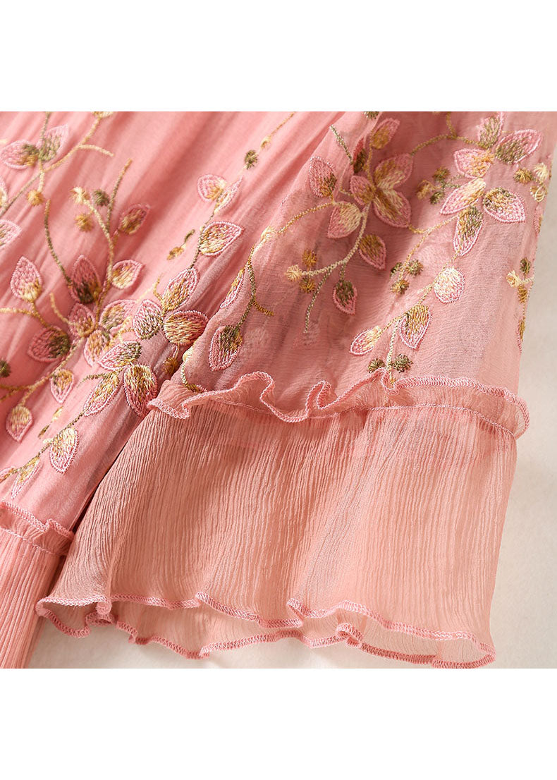 Pink O-neck Ruffled Print Silk Maxi Dresses Short Sleeve