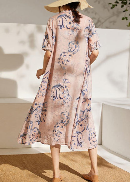 Pink Print Tie Waist Patchwork Summer Ramie Long Dress Short Sleeve