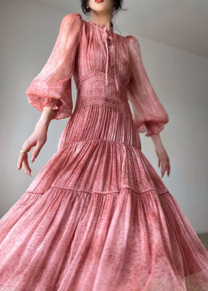 Pink Ruffles Patchwork Lace Up Silk Maxi Dresses Spring