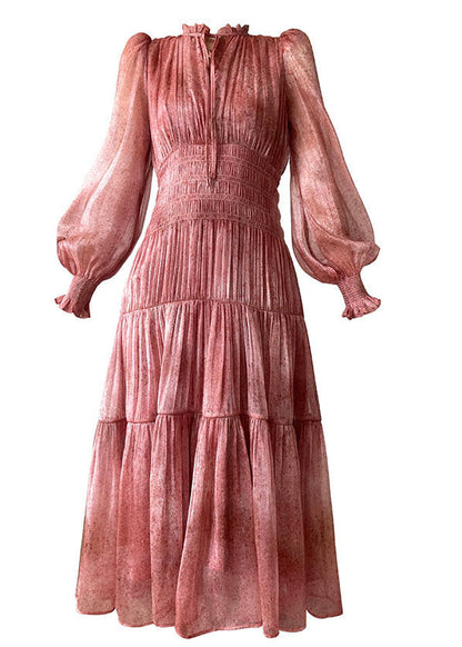 Pink Ruffles Patchwork Lace Up Silk Maxi Dresses Spring