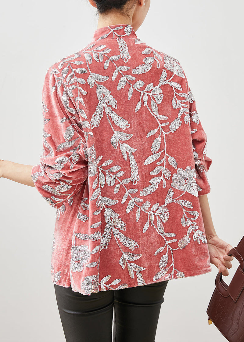 Pink Stand Collar Leaf Sequins Silk Velour Shirt Spring
