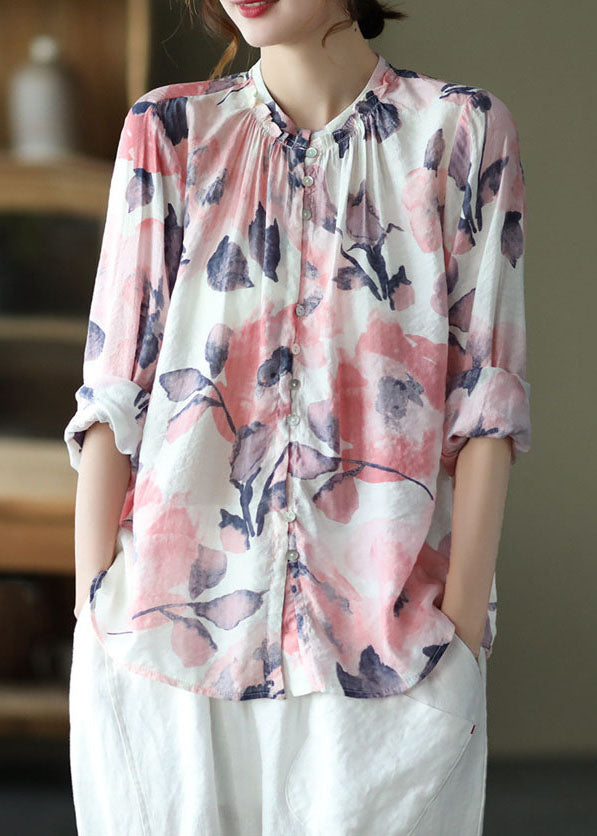 Pink Stand Collar Print Patchwork Cotton Shirt Tops Long Sleeve