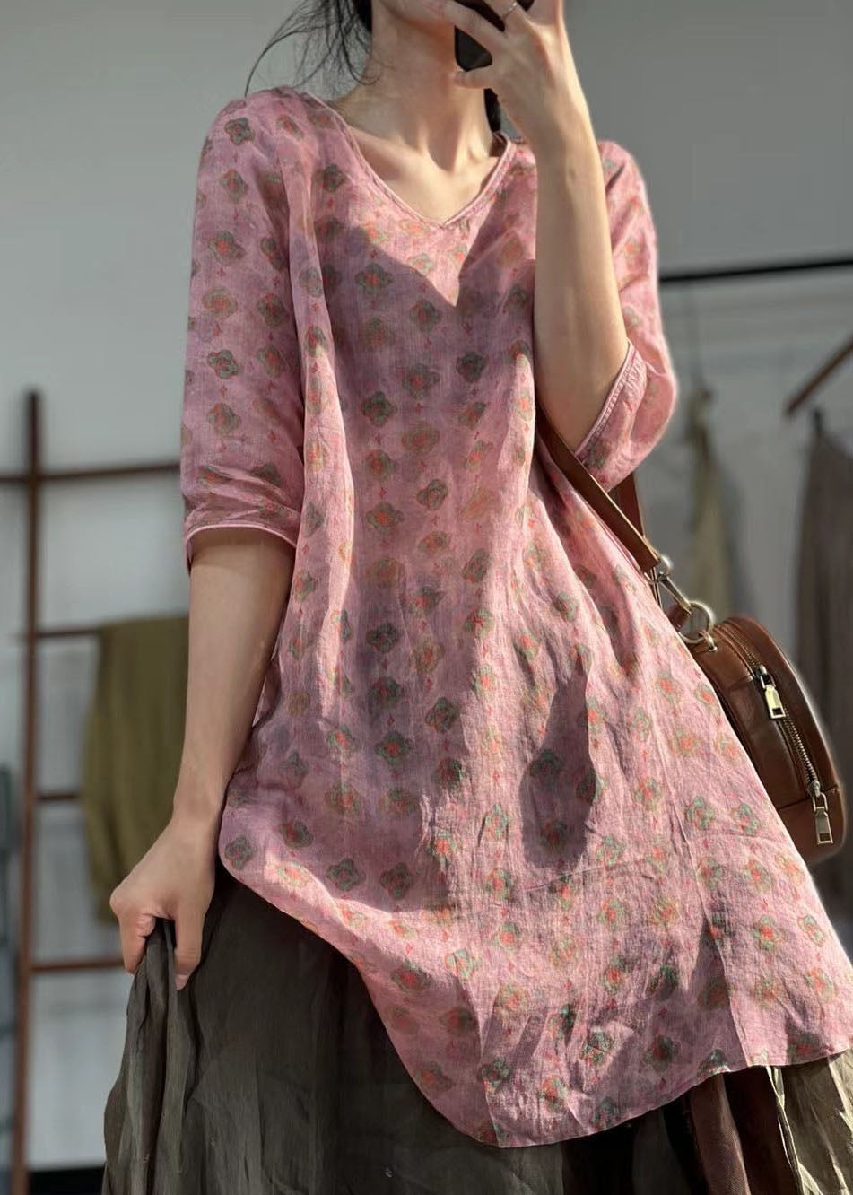 Pink V Neck Print Patchwork Linen Mid Dress Summer