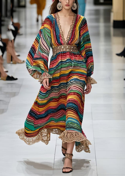 Polychrome Striped Chiffon Long Dress Lantern Sleeve