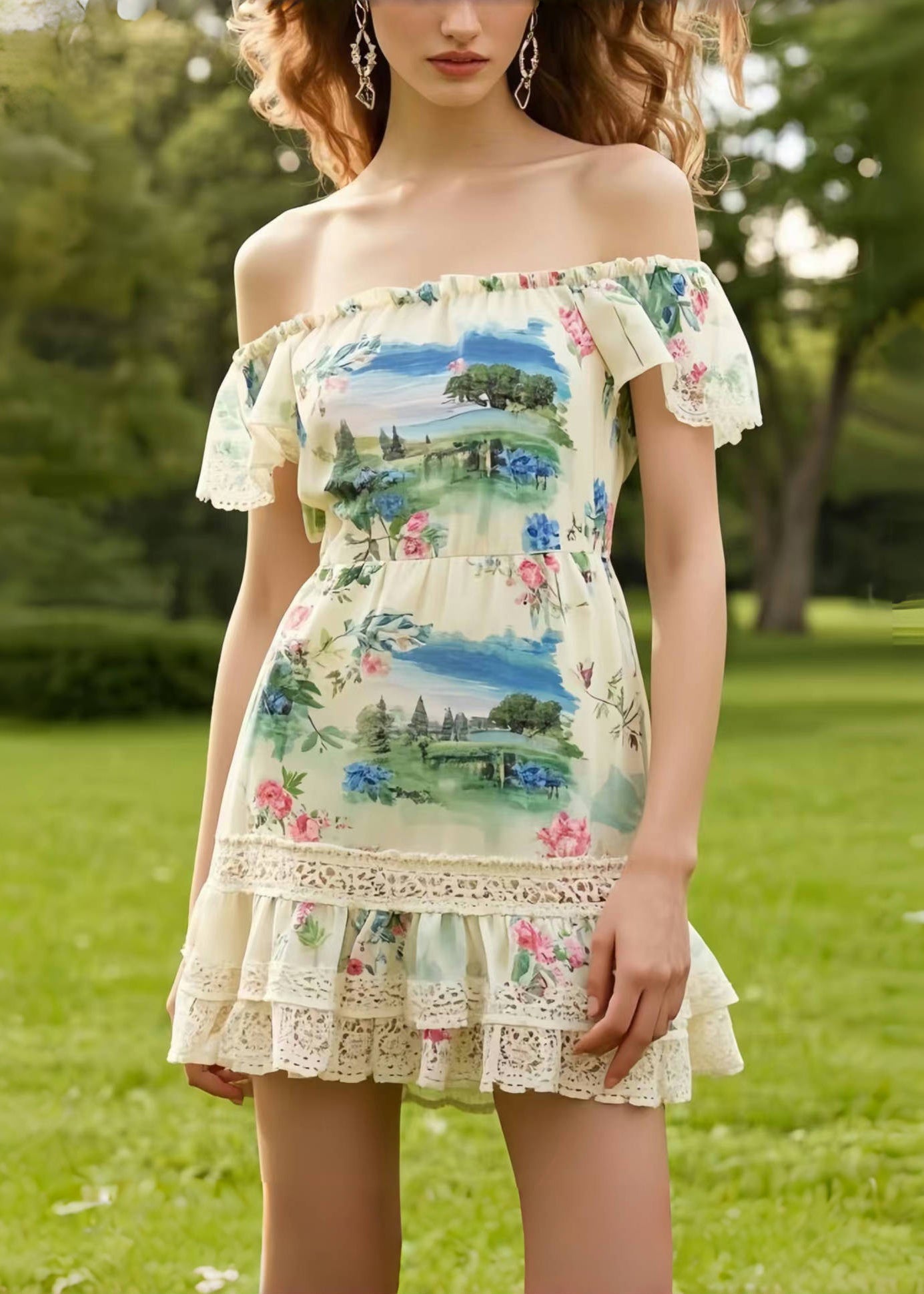 Print Patchwork Lace Mini Strapless Dress Summer