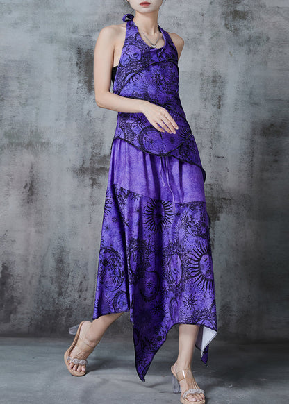 Purple Asymmetrical Print Cotton Halter Dress Summer