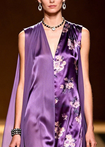 Purple Asymmetrical Tulle Patchwork Silk Holiday Dress Sleeveless