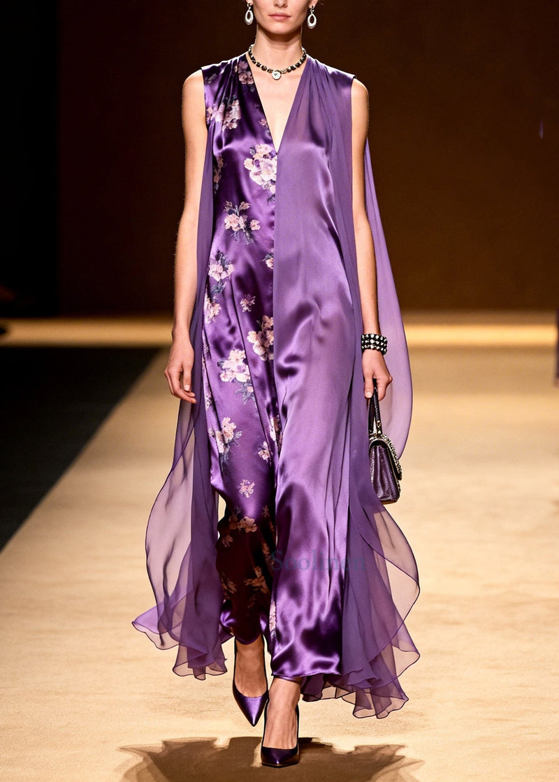 Purple Asymmetrical Tulle Patchwork Silk Holiday Dress Sleeveless