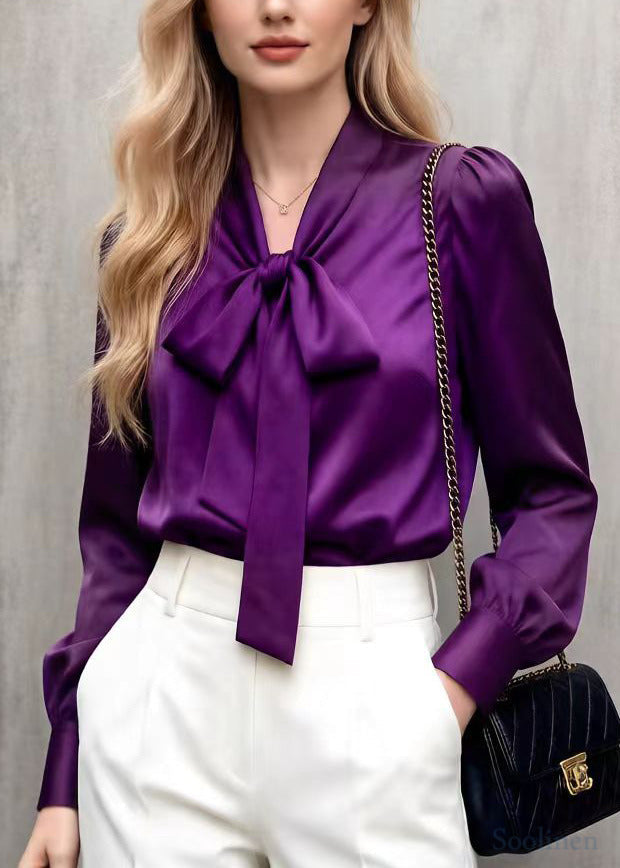 Purple Bow Collar Draping Chiffon Blouses Spring