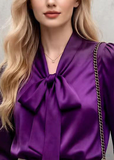 Purple Bow Collar Draping Chiffon Blouses Spring