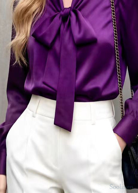 Purple Bow Collar Draping Chiffon Blouses Spring