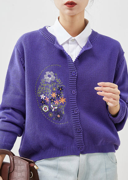 Purple Embroidered Knit Cardigans Spring