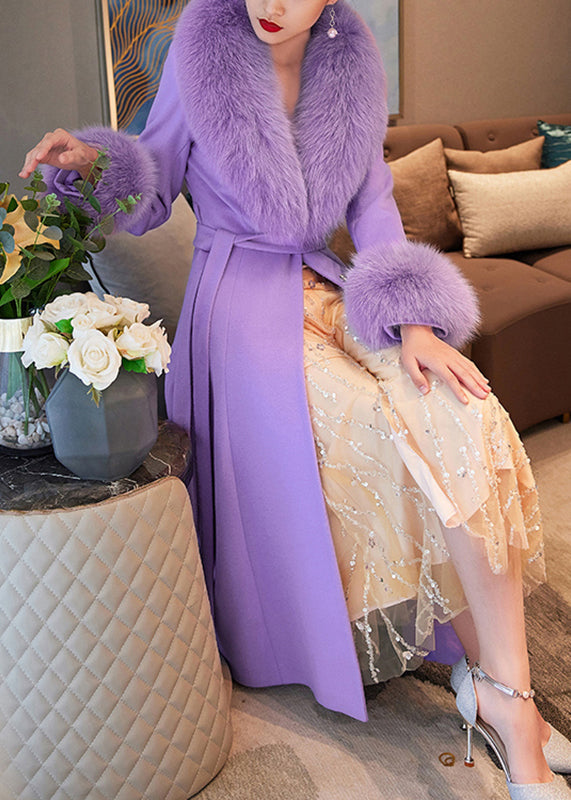 Purple Fur Collar Pockets Tie Waist Wool Maxi Coats Spring