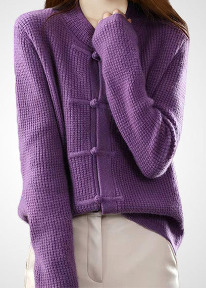Purple O-neck Oriental Button Wool Knit Cardigans Winter