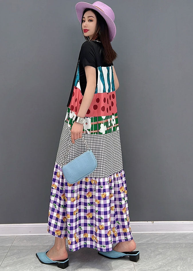 Purple O-neck Patchwork Print Cotton Strap Long Dresses Short Sleeve