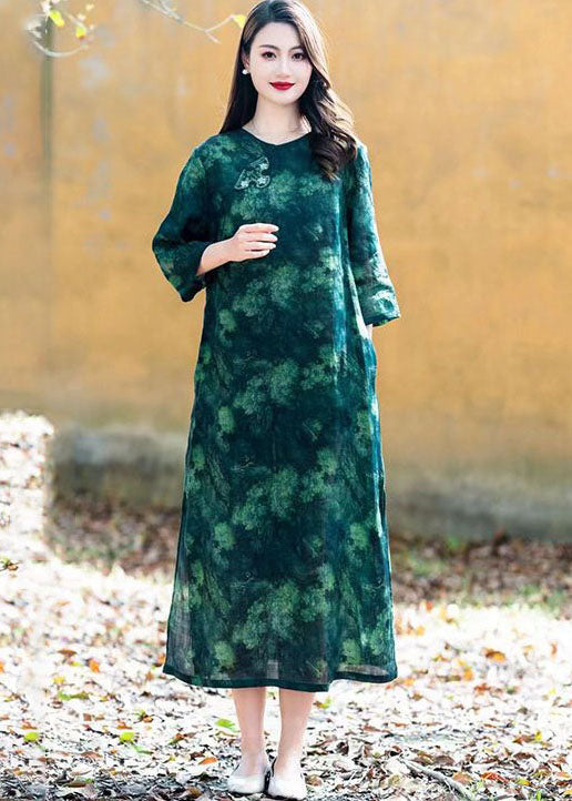 Purple O Neck Print Button Patchwork Linen Long Dress Summer