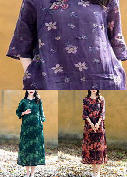 Purple O Neck Print Button Patchwork Linen Long Dress Summer
