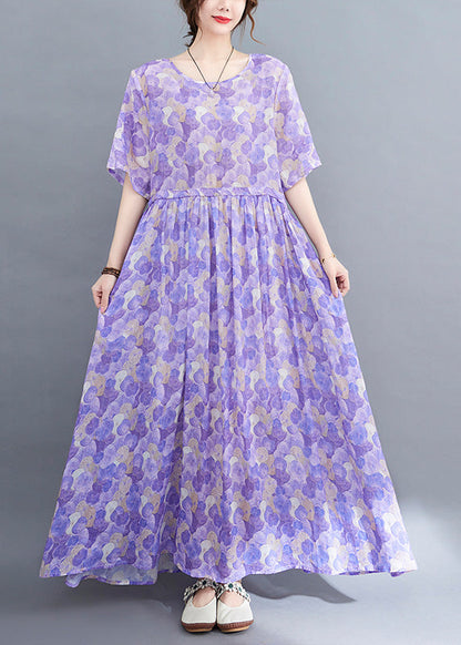 Purple O-neck Print Patchwork Cotton Long Dress Short Sleeve