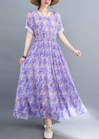 Purple O-neck Print Patchwork Cotton Long Dress Short Sleeve