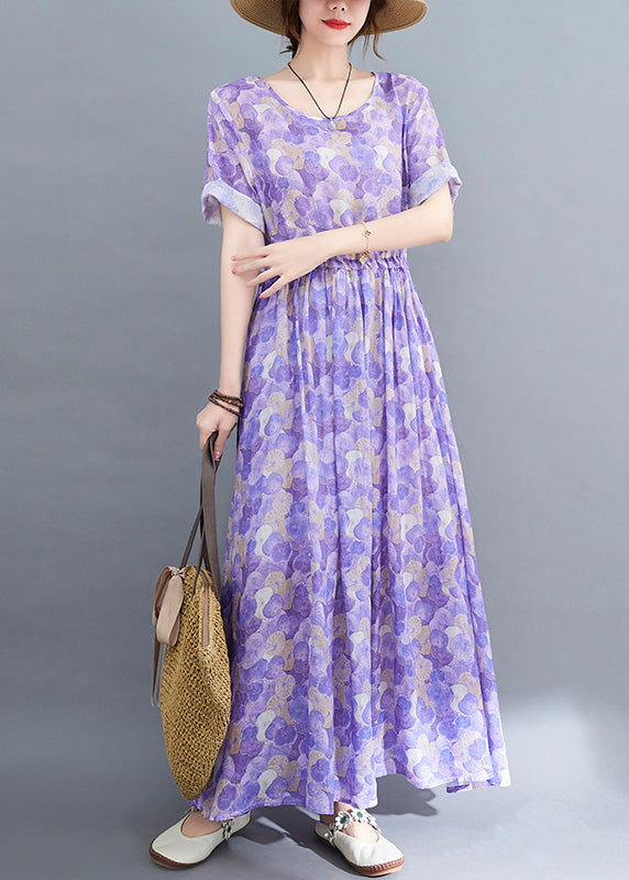 Purple O-neck Print Patchwork Cotton Long Dress Short Sleeve