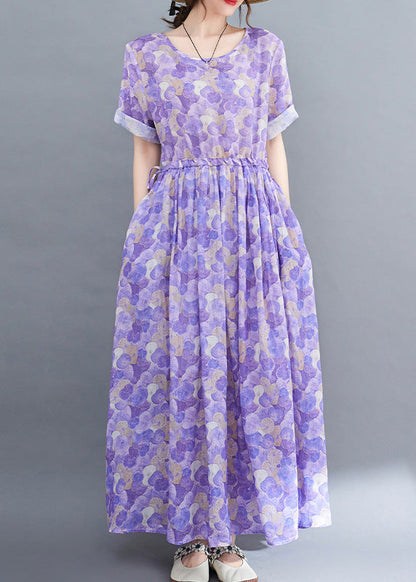 Purple O-neck Print Patchwork Cotton Long Dress Short Sleeve