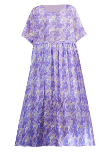 Purple O-neck Print Patchwork Cotton Long Dress Short Sleeve