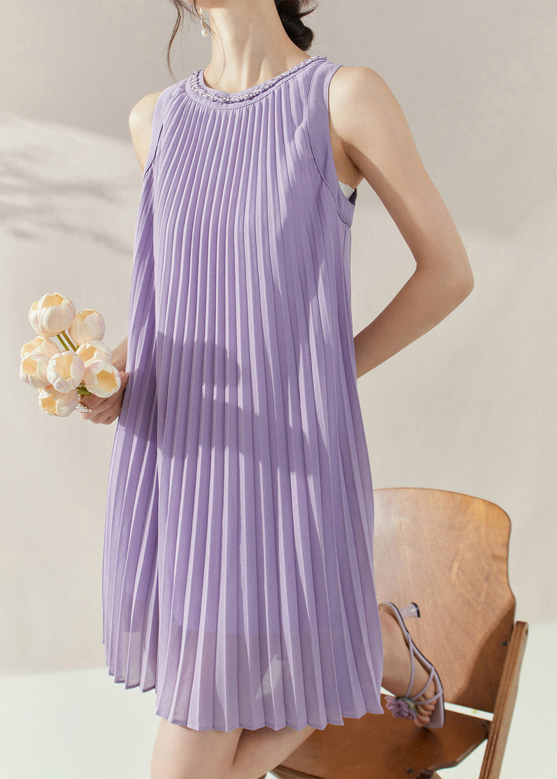 Purple O-neck Wrinkled Chiffon Mid Dress Summer