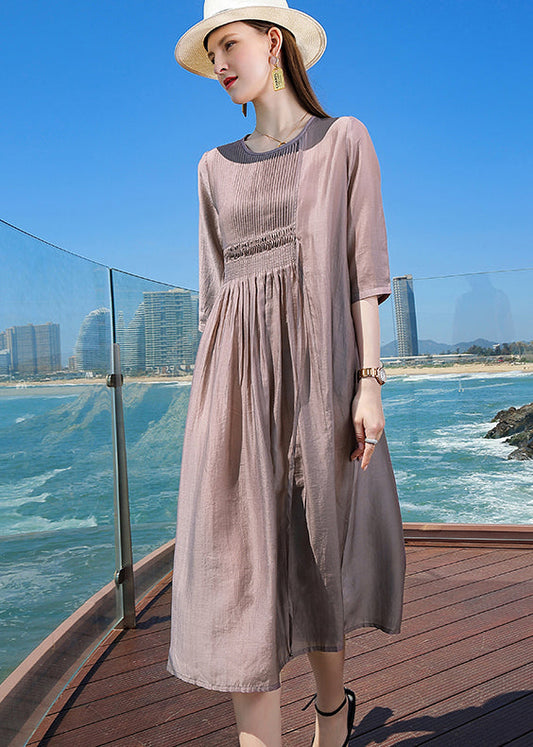 Purple O Neck Wrinkled Patchwork Silk Dress Bracelet Sleeve