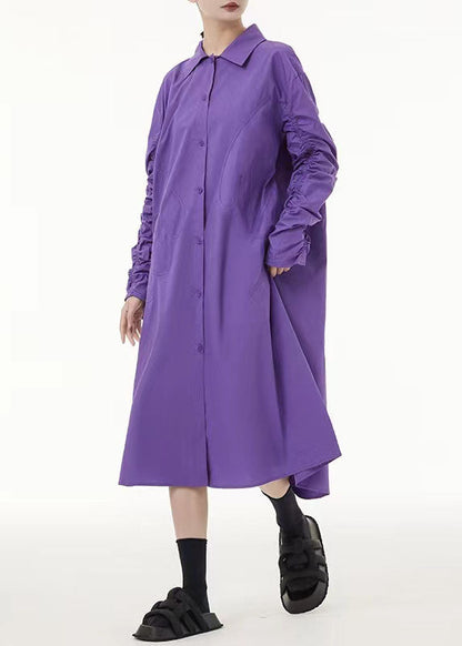 Purple Peter Pan Collar Wrinkled Cotton Long Dress Spring
