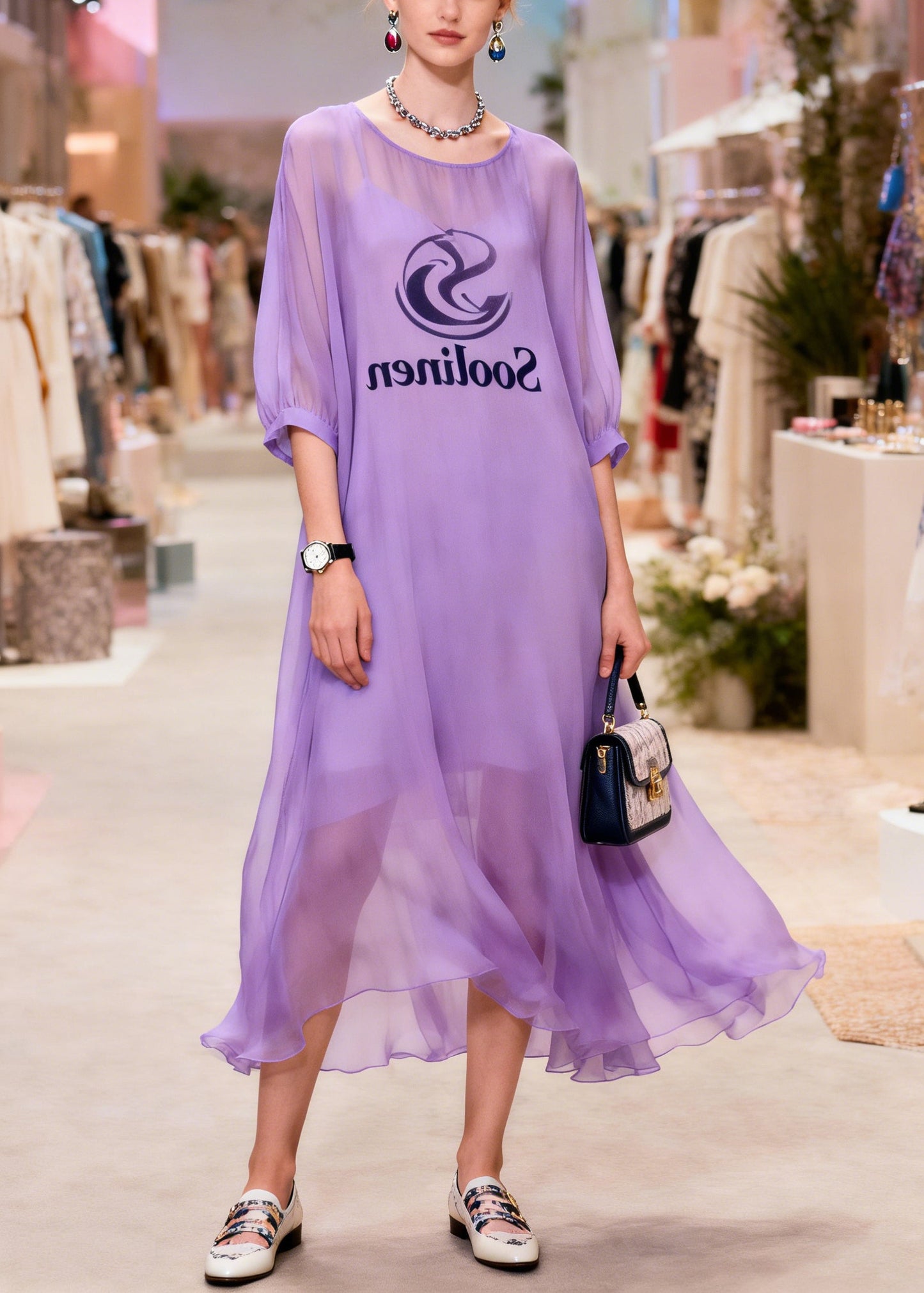 Purple Print Draping Chiffon Long Dresses Summer