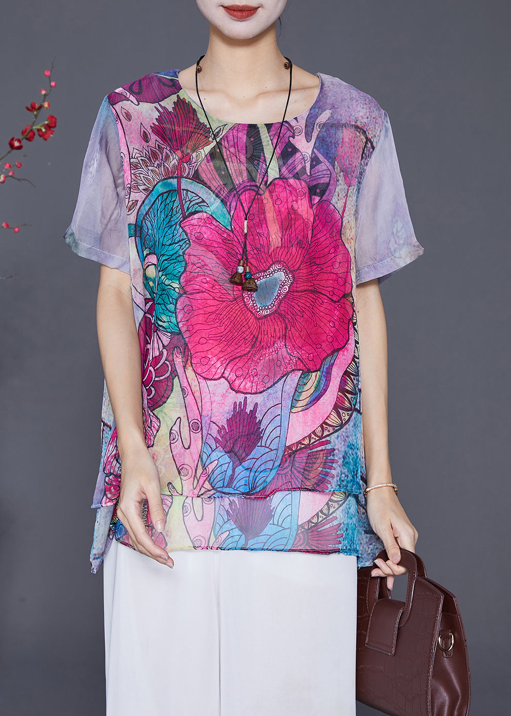Purple Print Patchwork Chiffon Top Summer