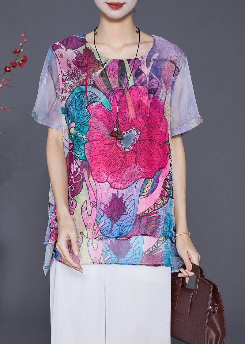 Purple Print Patchwork Chiffon Top Summer