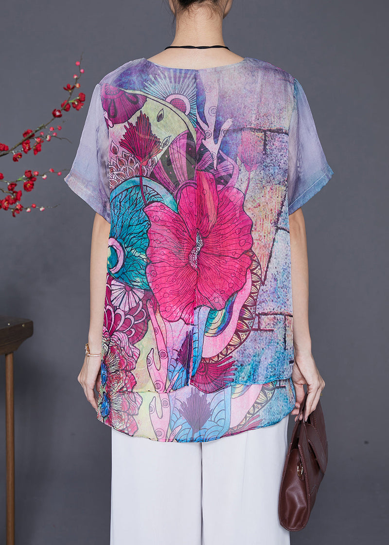 Purple Print Patchwork Chiffon Top Summer