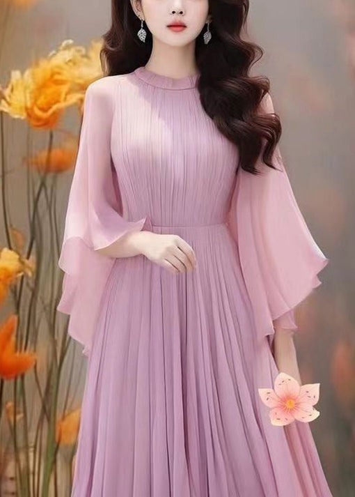 Purple Wrinkled Chiffon Dresses Butterfly Sleeve