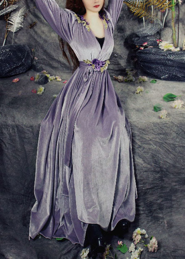 Purple V Neck Applique Tie Waist Silk Velour Maxi Dresses Spring