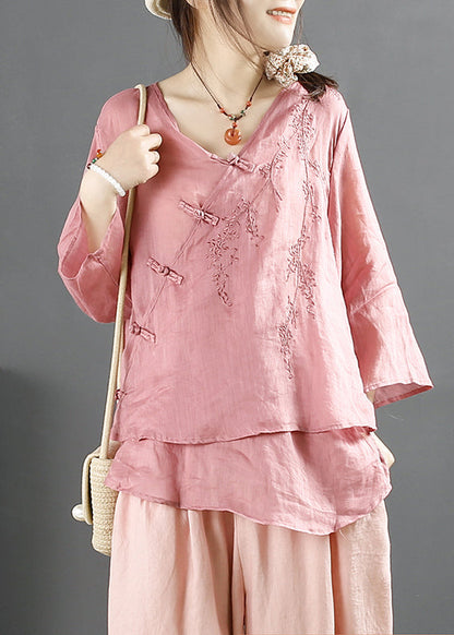 Purple V Neck Embroidered Chinese Button Linen Tops Summer
