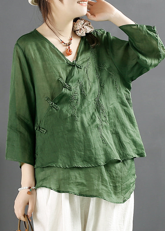 Purple V Neck Embroidered Chinese Button Linen Tops Summer