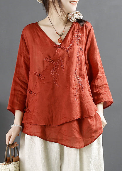 Purple V Neck Embroidered Chinese Button Linen Tops Summer