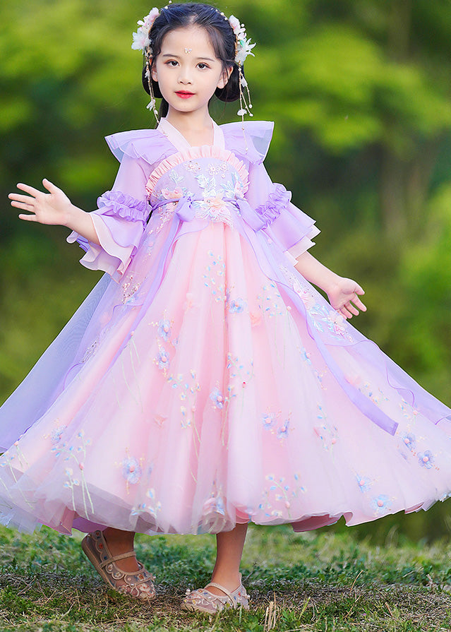 Purple V Neck Patchwork Embroideried Tie Waist Tulle Maxi Dress Half Sleeve