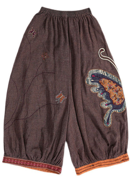 Purple Retro Embroideried Oriental Lantern Fall Pants Trousers