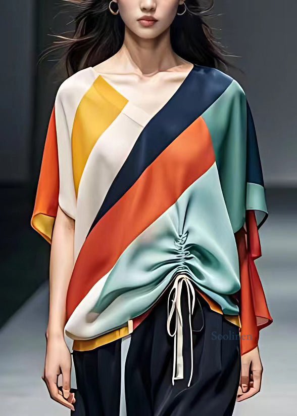 Rainbow Patchwork Tie Waist Beach Chiffon Shirts Short Sleeve