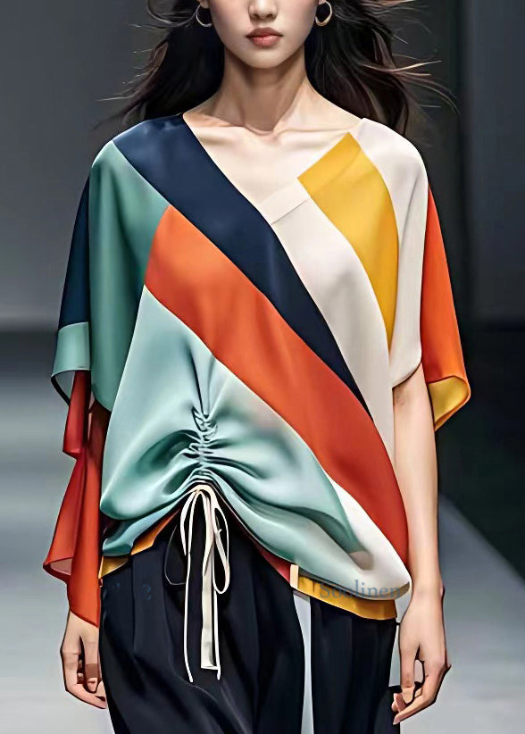 Rainbow Patchwork Tie Waist Beach Chiffon Shirts Short Sleeve