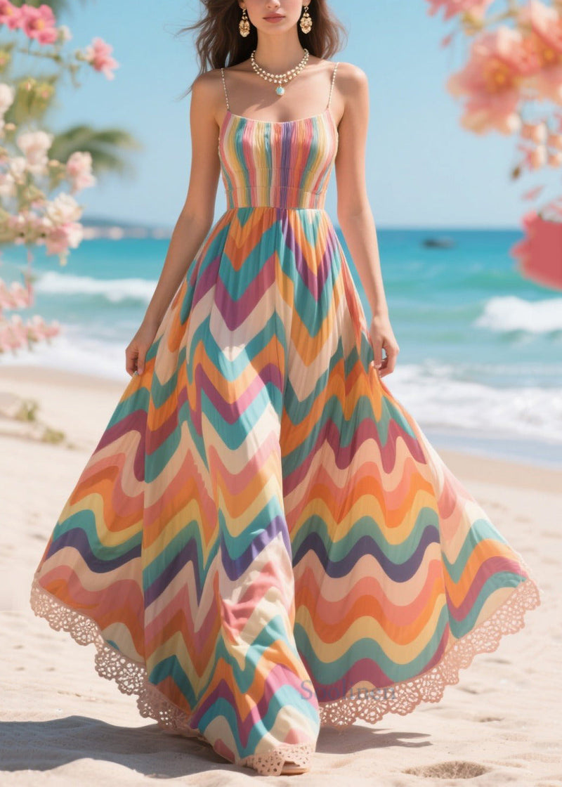 Rainbow Striped Exra Large Hem Chiffon Robe Dresses Summer