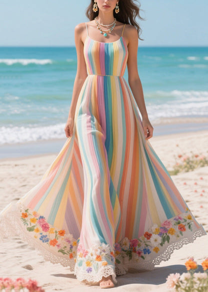 Rainbow Striped Patchwork Exra Large Hem Chiffon Holiday Dresses Summer
