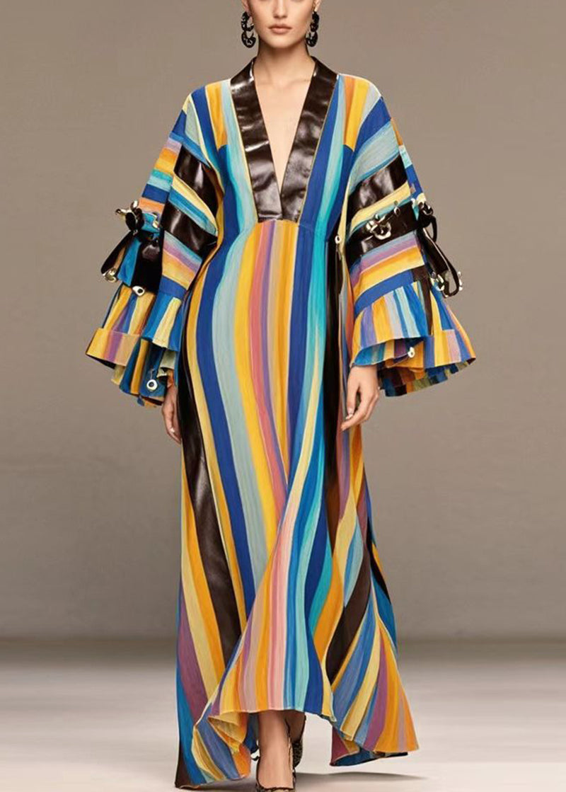 Rainbow Striped Patchwork Pu Rivet Cotton Maxi Dresses Spring