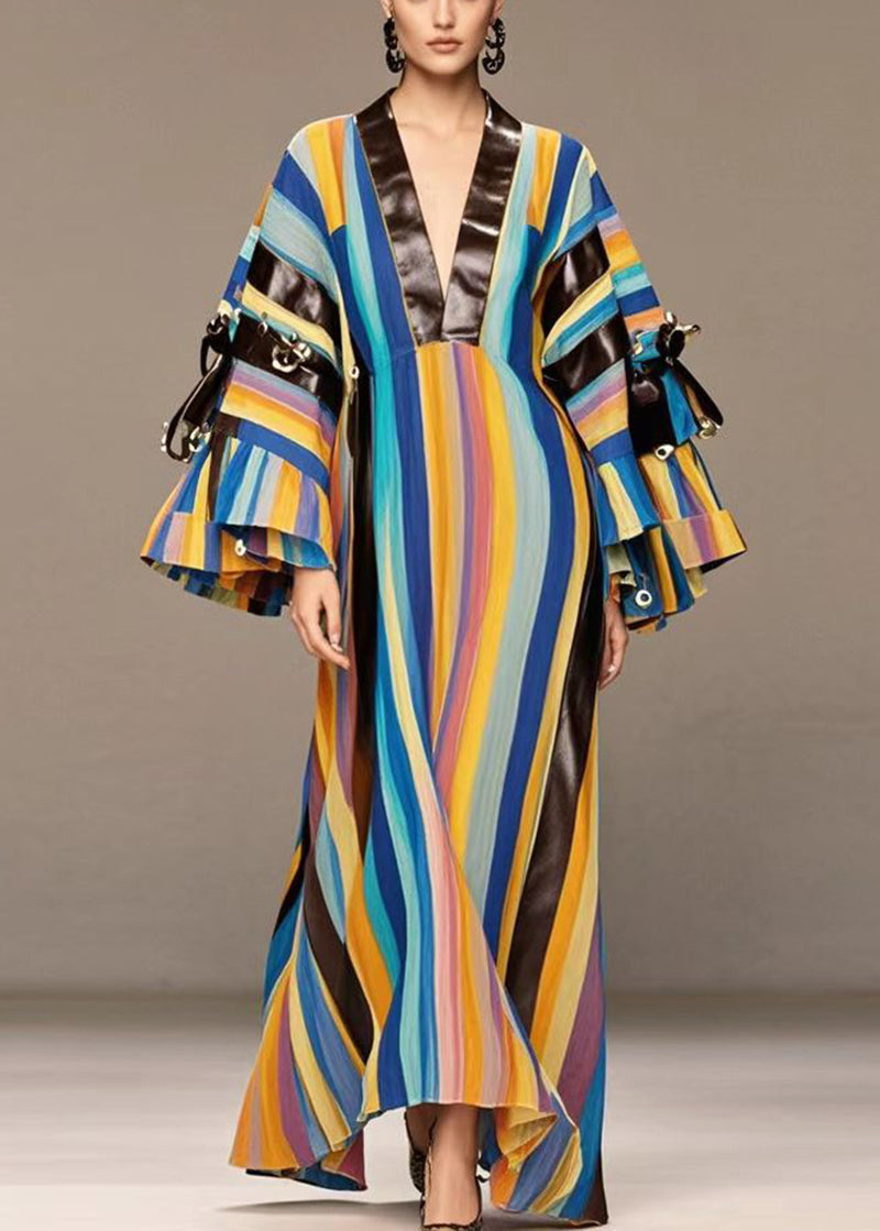 Rainbow Striped Patchwork Pu Rivet Cotton Maxi Dresses Spring