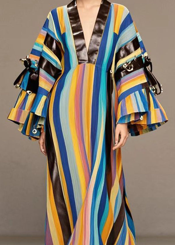 Rainbow Striped Patchwork Pu Rivet Cotton Maxi Dresses Spring